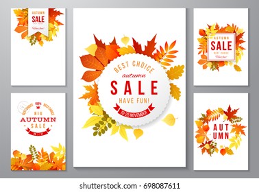 6 bright autumn posters with leaves and labels. Vector illustration