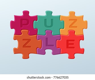 6 Bright colorful puzzle pieces vector illustration. 2 x 3 jigsaw game outline picture