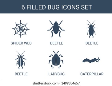 6 bug icons. Trendy bug icons white background. Included filled icons such as spider web, beetle, ladybug, caterpillar. bug icon for web and mobile.