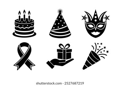 6 bundle of happy birthday set, icon, vector, silhouette, cake, hat, face mask, ribbon, gift box and confetti popper 