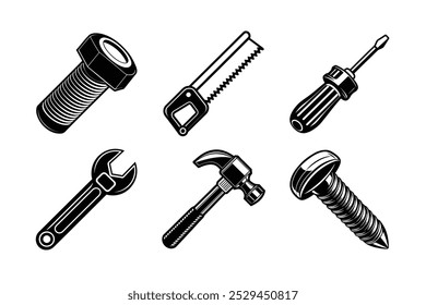 6 Ilustração vetorial de itens de hardware de pacote incluindo parafuso,serra de mão,chave de fenda,chave de fenda,martelo,parafuso