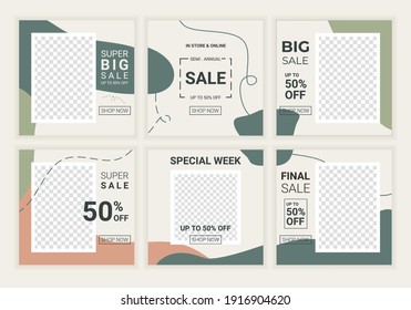 6 bundle of sale square banner. Minimalist modern puzzle abstract brush design style template with pastel color. Suitable for promotional ads in social media feed posts. Vector Illustration