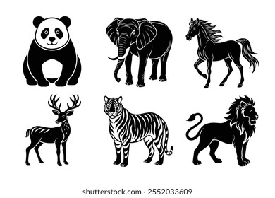 6 bundle Set of wildlife animals vector illustrations, collection of tiger, lion, cheetah,deer,panda,horse