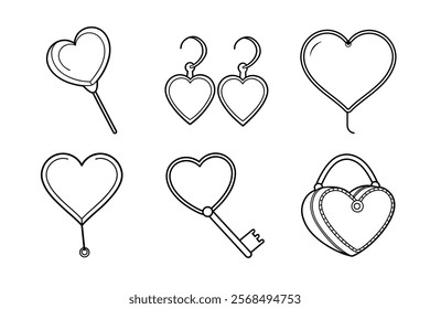 6 bundle templet of Heartshape Valentine Icon Set Vector Illustration, Line Art, Silhouettes, and Clipart