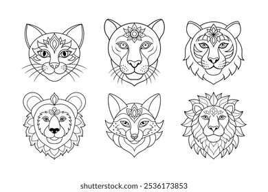 6 Paquete Vector línea arte de vida salvaje animal león, tigre, zorro, oso, pantera, gato