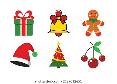 6 bundle vector silhouette of Christmas gift box, bell icon, gingerbread, Santa's hat, cherry, Christmas tree 