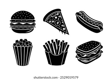 6 Bundle Vektor Silhouette von Fast Food, Burger, Pizza, Hotdog, Sandwich, Popcorn, Pommes Frites 