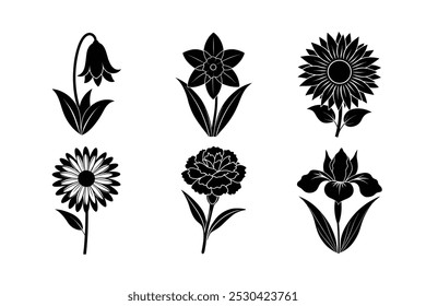 6 bundle vector silhouette flower of Sunflower,Daisy,Daffodil,Iris,Carnation,Bluebell.
