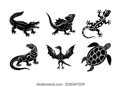 6 bundle vector silhouette of reptile animal Crocodile, Frilled lizard, Geckos, Komodo dragon, Pterodactyl, Turtles 