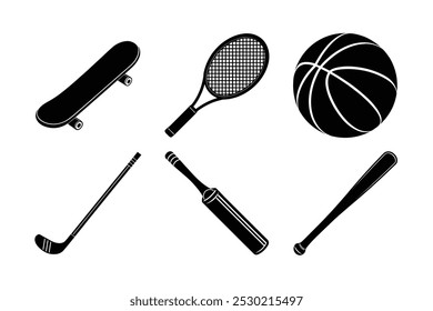 6 bundle vector silhouette sports equipment of baseball bat, cricket bat, hockey stick, basketball, skateboard, tennis racket