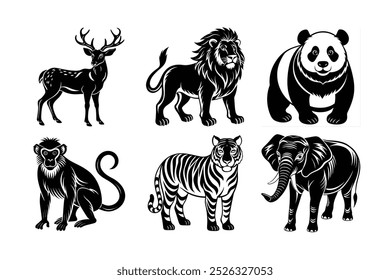 6 bundle vector silhouette of wild life animal lion, tiger, panda, deer, elephant, monkey