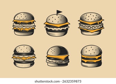 6 Burgers, hamburgers icons set. Retro funky burgers isolated on white background. Vintage burgers. Design elements for logo, badges, banners, labels, posters. Vector illustration
