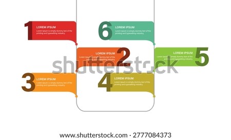 6 Business step, banner, web design. Business infographic template. 6 Step timeline journey. 6 Step Infographic. Modern infographic template with six numbered steps and colorful banners