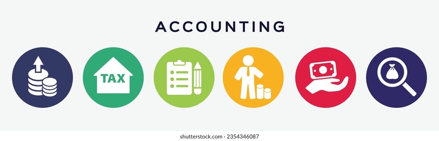 6 button circles set with accounting icon in various colors. Vector illustration.