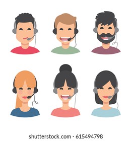 6 Call center operator with headset. Female and male avatar set. Client services and communication, customer support, phone assistance, information, solutions. Vector