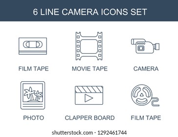 6 camera icons. Trendy camera icons white background. Included line icons such as film tape, movie tape, photo, clapper board. camera icon for web and mobile.