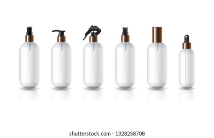 6 cap styles copper-black color white oval round cosmetic bottle product mockup template. Isolated on white background with reflection shadow. Ready to use for package design. Vector illustration.