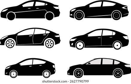 6 Car Side View Silhouette flat Illustration. Sleek Sedan Profile Clipart Set in Minimalist Black Vector Style. Perfect for Print, Web, Infographics, Posters, Apps, and Transportation Design Projects.