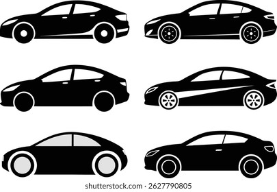 6 Car Side View Silhouette flat Illustration. Sleek Sedan Profile Clipart Set in Minimalist Black Vector Style. Perfect for Print, Web, Infographics, Posters, Apps, and Transportation Design Projects.