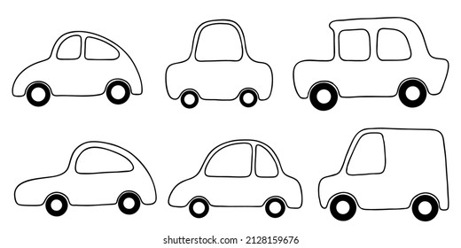 6 cartoon cars. Vector isolated outline illustration childrens creativity: for coloring page, puzzle, print, kids room decor, stickers, cards.