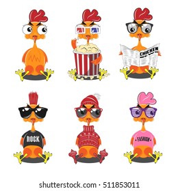 6 Cartoon Roosters. Rooster hipster, rooster punk, rooster with popcorn, rooster with sweater, rooster santa claus. Set vector illustration. Symbol 2017