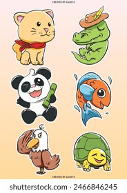 6 cartoon vector animal character. A cat, alligator, panda, fish, eagle and turtle. Suitable for logo and sticker.