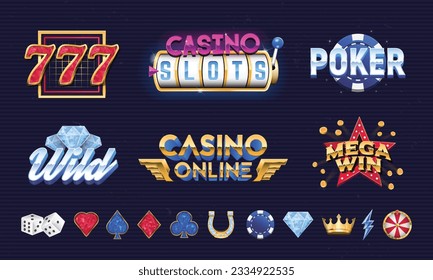 6 Casino logo templates and 11 trendy elements to create your own design. Print for t-shirt, banner, poster, cover, badge and label. Retro 80's casino, slots design. Vector illustration