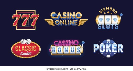 6 Casino signs and emblems templates. Print for t-shirt, banner, poster, cover, badge and label. Retro 80's casino, slots design. Vector illustration