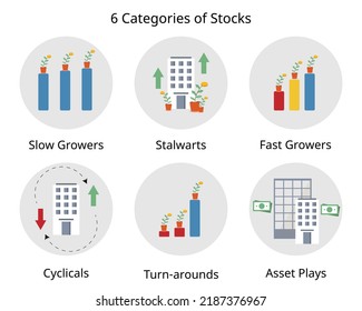 6 Categories Of Stocks Such As Slow Growers, Stalwarts, Fast Growers, Cyclical, Asset Plays, And Turnarounds