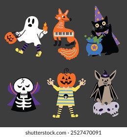 The 6 character designs include a hooded ghost, a fox, a black cat, a skeleton, a pumpkin-headed boy, a skull-bat, all designed to look cute and childish for halloween