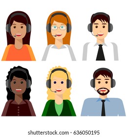 6 caracteres, avatares planos de los agentes del centro de llamadas. Operadores de chat en vivo, chicos y chicas sonriendo caras. Auxiliares de atención al cliente en línea con auriculares. 
