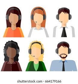 6 characters, Call center agents flat avatars. Live chat operators, guys and girls smiling faces. Online customer support service assistants with headphones. 