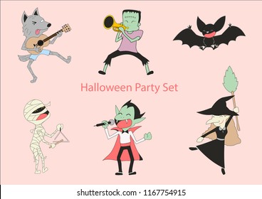 6 characters of halloween are playing music and dancing