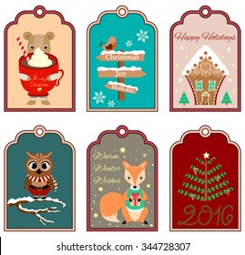 6 Christmas gift tags with bear, bird, gingerbread house, owl, fox and tree. Set of holiday labels. Collection of New Year and Christmas texture. Winter design, vector illustration