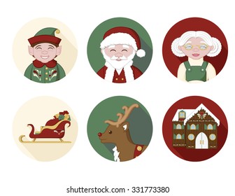 6 Christmas icons.  An elf, Santa Claus, Mrs. Claus, Santa's sleigh, a reindeer, and a holiday house.  Perfect for holiday stickers.