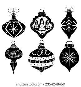 6 Christmas silhouette tree toys and balls. Different shapes new year decorations in retro flat cartoon style. Christmas symbols icons set - starts, trees. Vector illustration set.