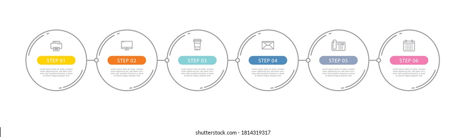 6 circle data step infographics template with thin line design. Vector illustration abstract background. Can be used for workflow layout, business step, banner, web design.