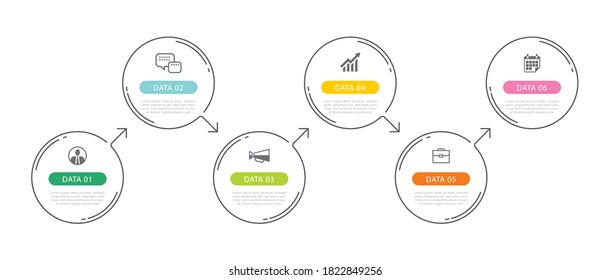 6 circle data timeline infographics template with thin line design. Vector illustration abstract background. Can be used for workflow layout, business step, banner, web design.
