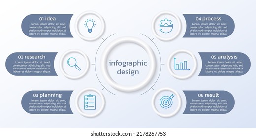6 circle elements with business icons. Six step infographic 3d design. Modern presentation, diagram, chart, layout template. Vector illustration.
