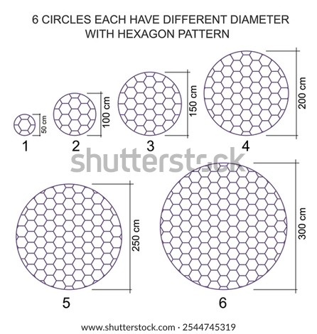 6 Circles each have different diameter with hexagon pattern.