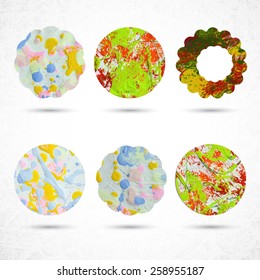 6 circles made with paint, brush, squeeze bottle, scissors and paper. Highly textured. Rounded shapes, scallops on white, grunge background. Handmade. Vector illustration design circle elements 10 eps