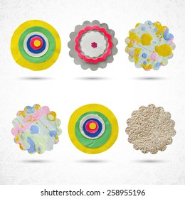6 circles made with paint, brush, squeeze bottle, scissors and paper. Highly textured. Rounded shapes, scallops on white, grunge background. Handmade. Vector illustration design circle elements 10 eps