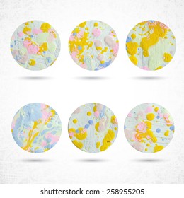 6 circles made with paint, brush, squeeze bottle, scissors and paper. Highly textured. Rounded shapes, scallops on white, grunge background. Handmade. Vector illustration design circle elements 10 eps