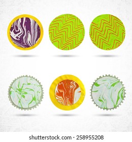 6 circles made with paint, brush, squeeze bottle, scissors and paper. Highly textured. Rounded shapes, scallops on white, grunge background. Handmade. Vector illustration design circle elements 10 eps