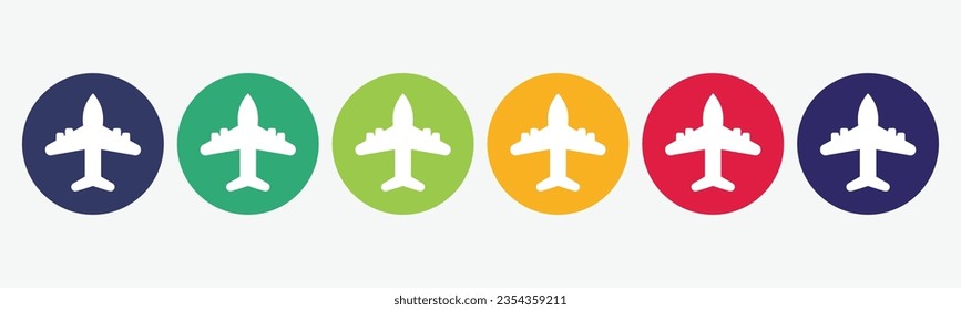6 circles set with airplane icon in various colors. Vector illustration.