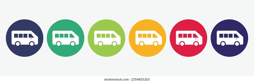 6 círculos ajustados con el icono del bus en varios colores.
