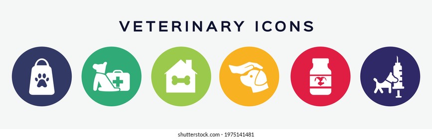 6 circles set with veterinary icon in various colors. Vector illustration.