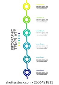 6 Circular elements placed in vertical row. Concept of 6 successive steps of project development process. Flat infographic design template. Simple vector illustration for business analytics.