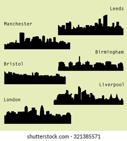 6 city silhouette in England (London, Leeds, Liverpool, Birmingham, Bristol, Manchester) 