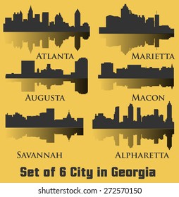 6 City silhouette in Georgia (Atlanta, Augusta, Alpharetta, Savannah, Macon, Marietta)